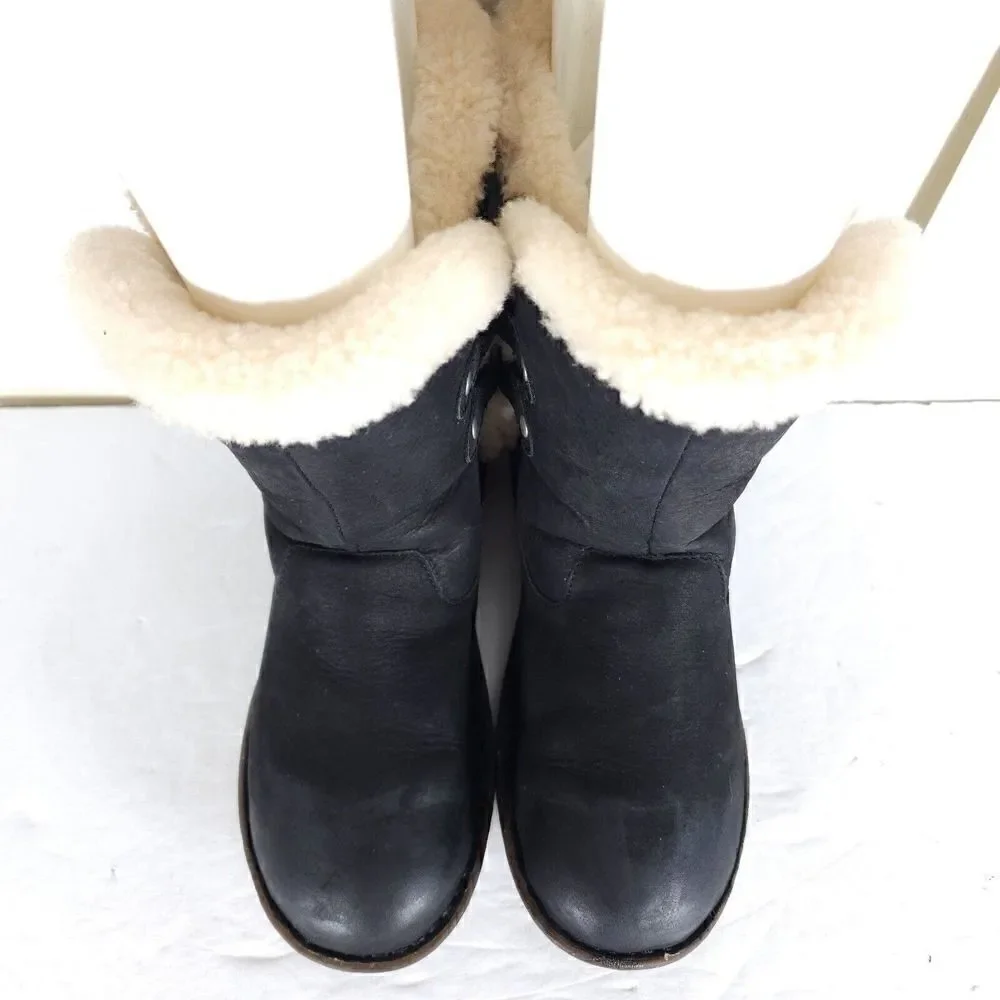 UGG Women's Akadia US 7 Black Leather Sheepskin Shearling Mid Calf Winter Boots